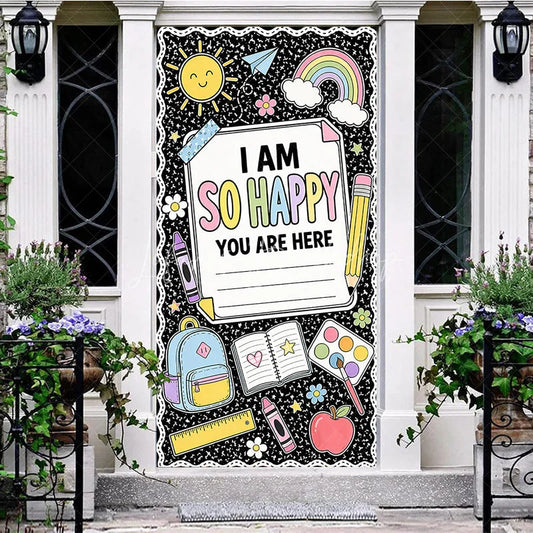 Lofaris Black Composition Notebook Style Welcome Door Cover with Pastel School Supplies and Happy Message Classroom Decor