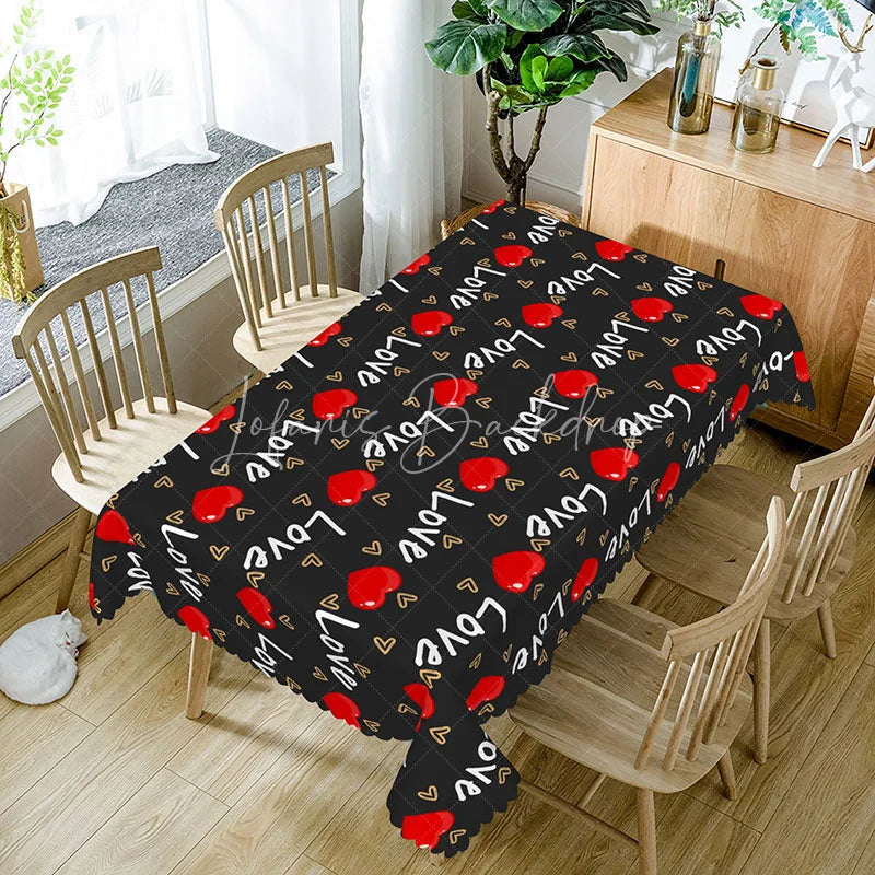 Lofaris Black Cursive Love Text Rectangle Tablecloth Red Heart Pattern Romantic Valentine Date Night Home Decor