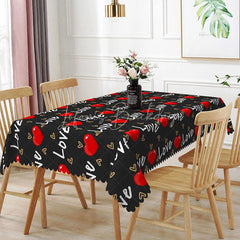 Lofaris Black Cursive Love Text Rectangle Tablecloth Red Heart Pattern Romantic Valentine Date Night Home Decor
