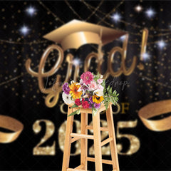 Lofaris Black Curtain Gold Ribbon Congrats Grad Backdrop