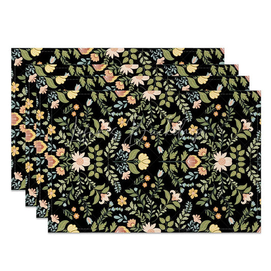 Lofaris Black Folk Art Floral Set of 4 Placemats Vintage Colorful Flowers Boho Kitchen Table Mats Decor