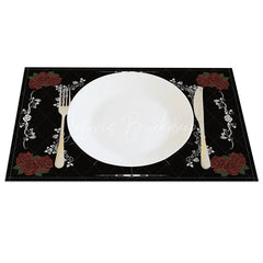 Lofaris Black Glitter Skull and Flower Set of 4 Placemats for Gothic Glam Halloween Wedding Decor