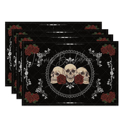 Lofaris Black Glitter Skull and Flower Set of 4 Placemats for Gothic Glam Halloween Wedding Decor