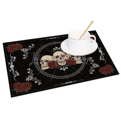 Lofaris Black Glitter Skull and Flower Set of 4 Placemats for Gothic Glam Halloween Wedding Decor