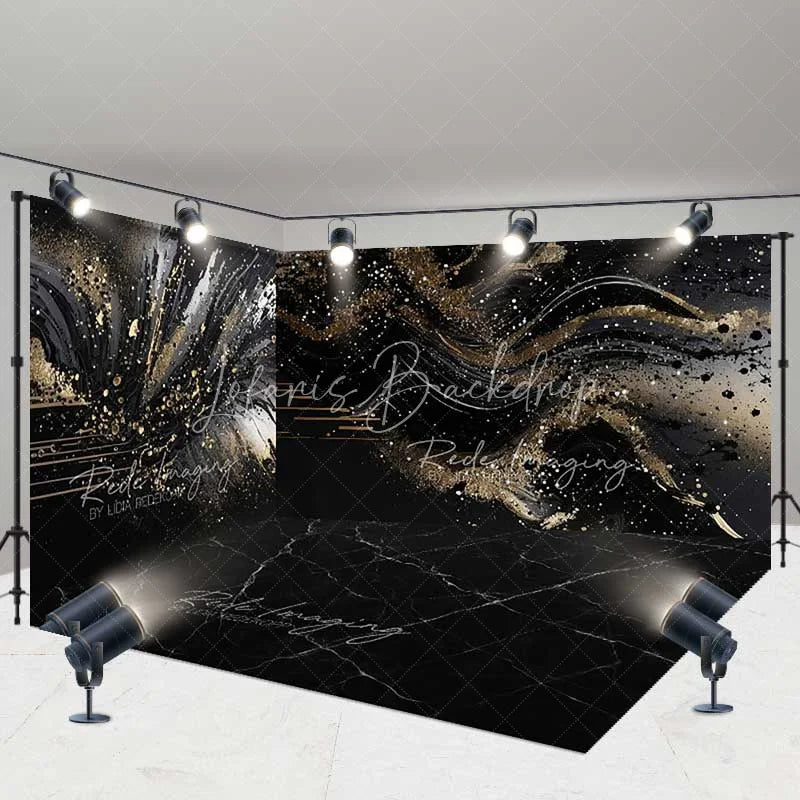 Black Gold Abstract Room Set Backdrop, Redefining Luxury Splatter Swirl ...