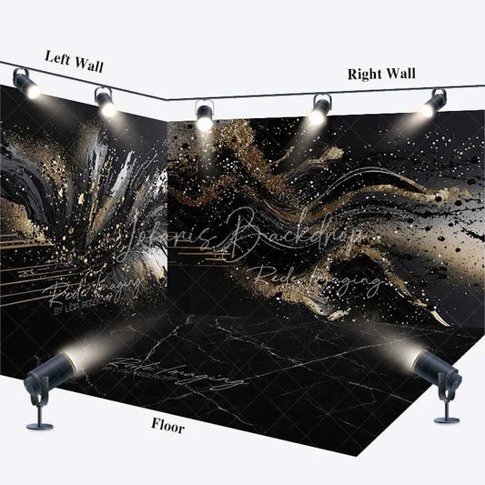 Lofaris Black Gold Abstract Room Set Backdrop Redefining Luxury Splatter Swirl Design Modern Photography Event