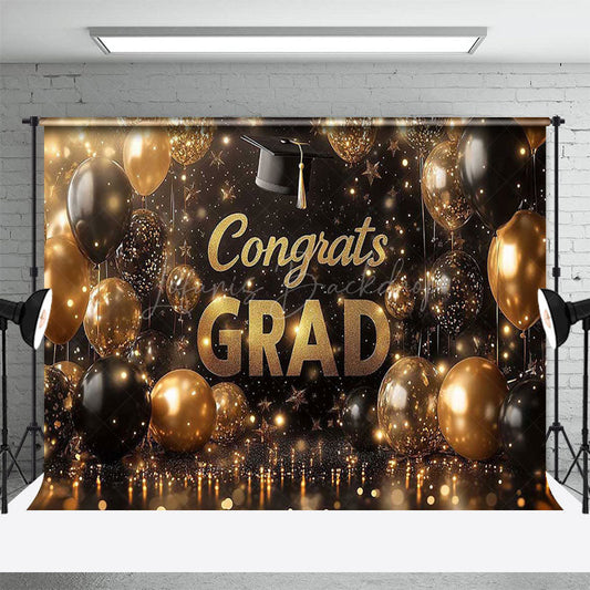 Lofaris Black Gold Balloon Bachelor Cap Congrats Grad Backdrop