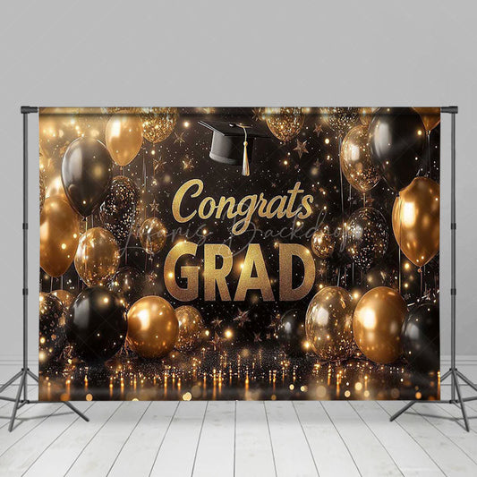 Lofaris Black Gold Balloon Bachelor Cap Congrats Grad Backdrop