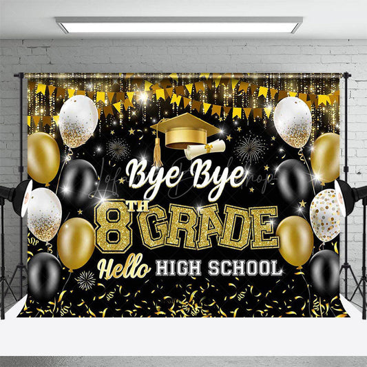 Lofaris Black Gold Balloon Bye 8th Grade Graduation Backdrop