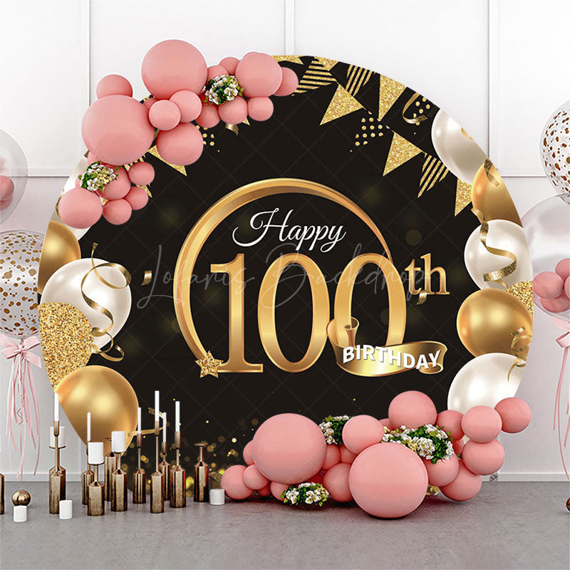 Lofaris Black Gold Balloon Round Happy 100th Birthday Backdrop
