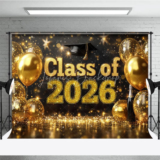 Lofaris Black Gold Balloons Bokeh Class of 2026 Grad Backdrop