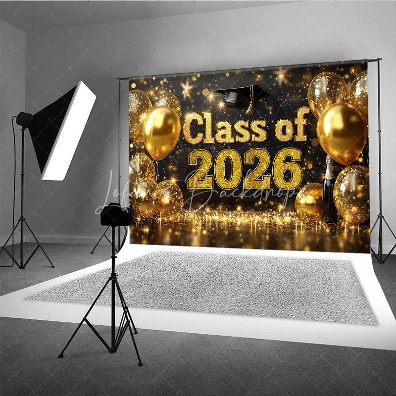 Lofaris Black Gold Balloons Bokeh Class of 2026 Grad Backdrop