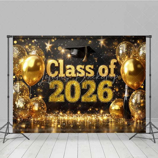 Lofaris Black Gold Balloons Bokeh Class of 2026 Grad Backdrop