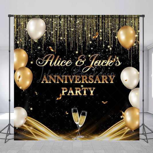 Lofaris Black Gold Balloons Custom Name Anniversary Backdrop