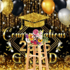 Lofaris Black Gold Balloons Glorious Congrats Grad Backdrop