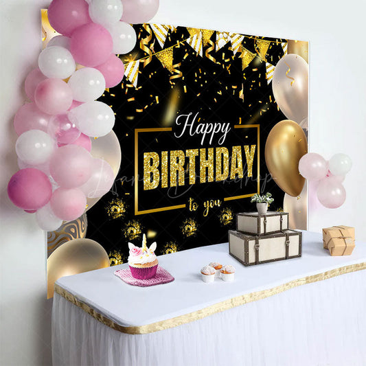Lofaris Black Gold Balloons Ribbons Happy Birthday Backdrop