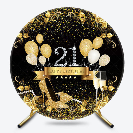 Lofaris Black Gold Balloons Round 21th Birthday Backdrop