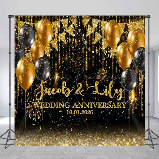 Lofaris Black Gold Custom Name Wedding Anniversary Backdrop