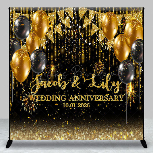 Lofaris Black Gold Custom Name Wedding Anniversary Backdrop