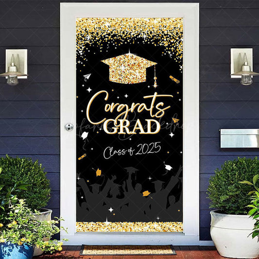 Lofaris Black Gold Glitter Congrats Class 2025 Grad Door Cover