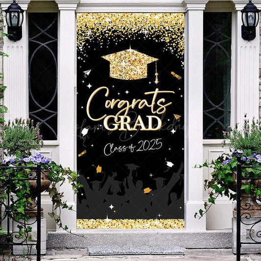 Lofaris Black Gold Glitter Congrats Class 2025 Grad Door Cover
