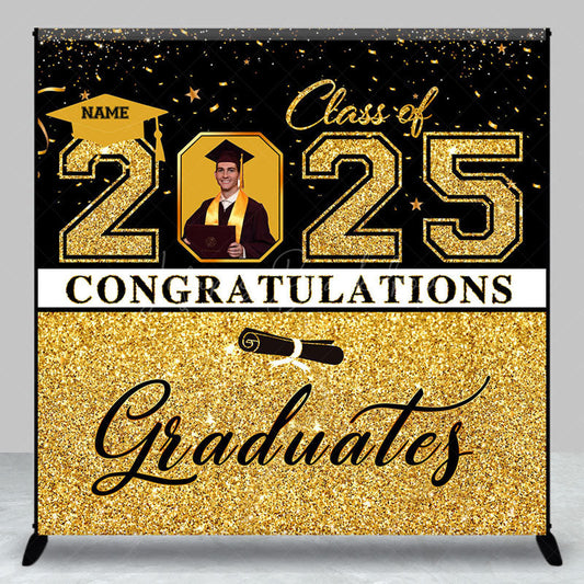 Lofaris Black Gold Glitter Custom Name Photo Grad Backdrop