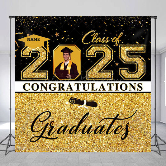 Lofaris Black Gold Glitter Custom Name Photo Grad Backdrop