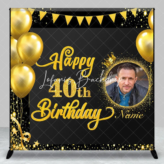 Lofaris Black Gold Glitter Happy 40th Birthday Custom Photo Backdrop with Balloons and Crown Personalized Name Party Decor