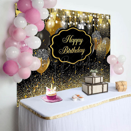 Lofaris Black Gold Glitter Lighted Happy Birthday Backdrop