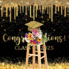Lofaris Black Gold Glitter Map Congratulations Grad Backdrop