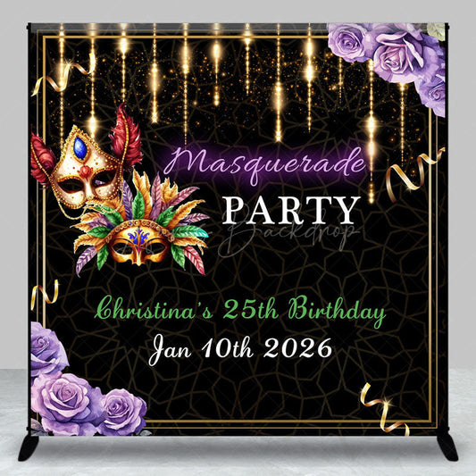 Lofaris Black Gold Masquerade Custom Name Birthday Backdrop