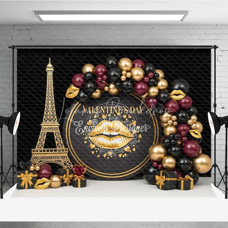 Lofaris Black Gold Paris Valentine Day Backdrop Lips Eiffel Tower Balloons Background Luxury Photography Studio Prop