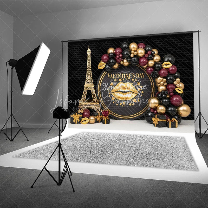 Lofaris Black Gold Paris Valentine Day Backdrop Lips Eiffel Tower Balloons Background Luxury Photography Studio Prop