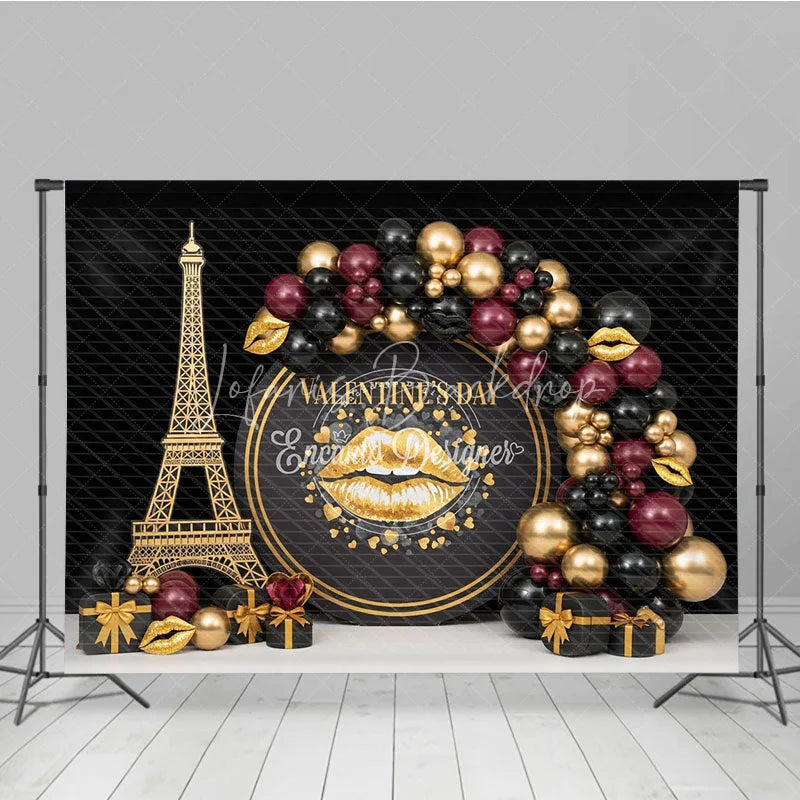 Lofaris Black Gold Paris Valentine Day Backdrop Lips Eiffel Tower Balloons Background Luxury Photography Studio Prop