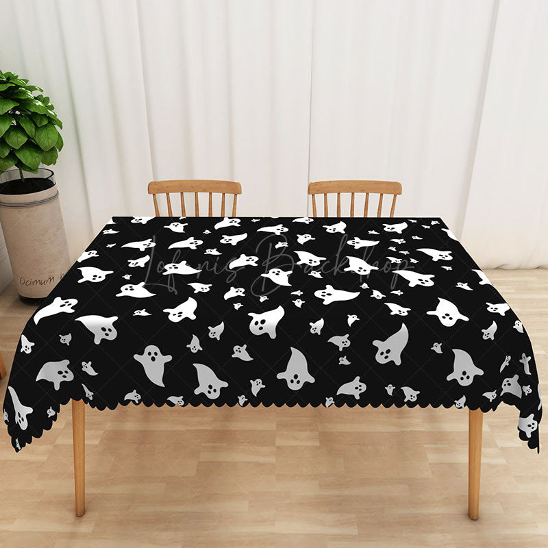 Lofaris Black Halloween Rectangle Tablecloth with Cute Ghost Pattern for Spooky Kids Party and Holiday Decorations