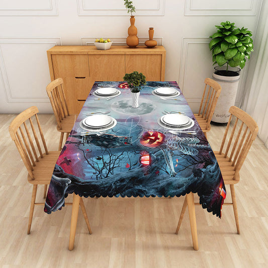 Lofaris Black Halloween Rectangle Tablecloth with Graveyard Owl and Jack O’ Lanterns for Spooky Night Decor