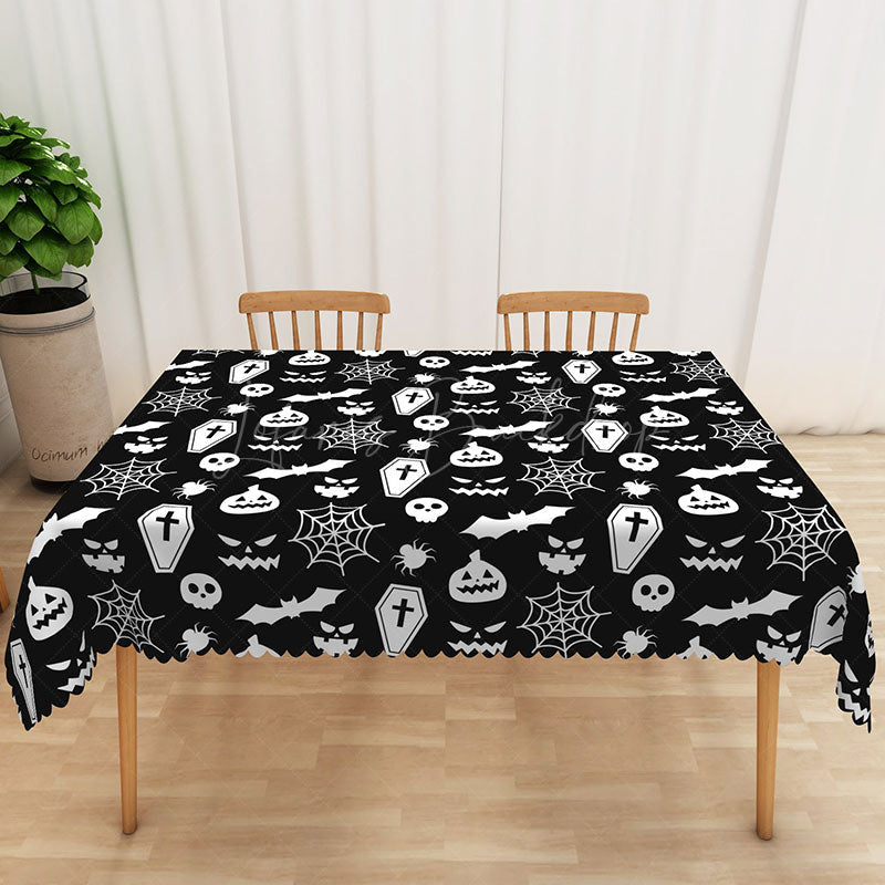 Lofaris Black Halloween Rectangle Tablecloth with Skulls Bats and Ghosts for Spooky Gothic Party Decor