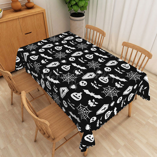 Lofaris Black Halloween Rectangle Tablecloth with Skulls Bats and Ghosts for Spooky Gothic Party Decor