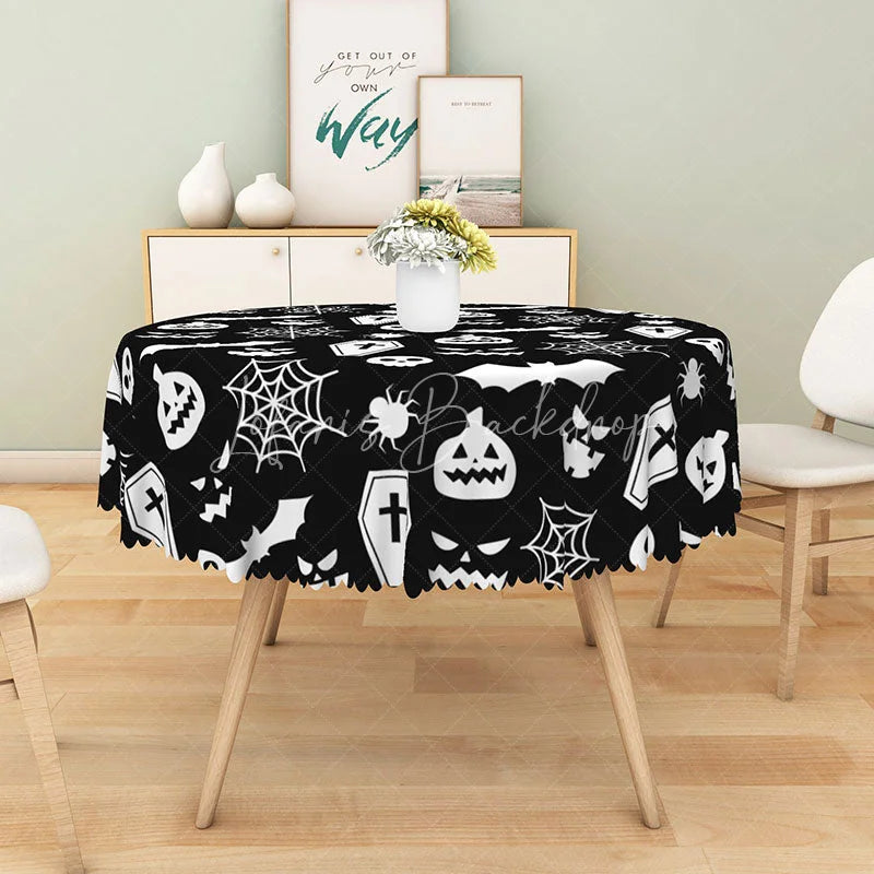Lofaris Black Halloween Round Tablecloth with Bats Spiderwebs and Jack-o’-Lanterns for Gothic Decor