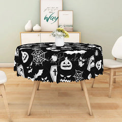 Lofaris Black Halloween Round Tablecloth with Bats Spiderwebs and Jack-o’-Lanterns for Gothic Decor