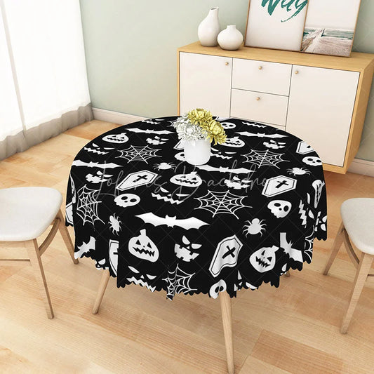 Lofaris Black Halloween Round Tablecloth with Bats Spiderwebs and Jack-o’-Lanterns for Gothic Decor