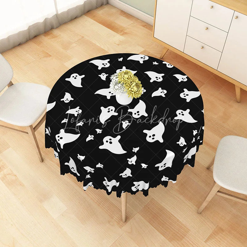 Lofaris Black Halloween Round Tablecloth with Cute Ghost Pattern for Modern and Spooky Party Decorations