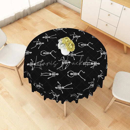 Lofaris Black Halloween Round Tablecloth with Dancing Skeleton Print for Funny and Spooky Party Decorations