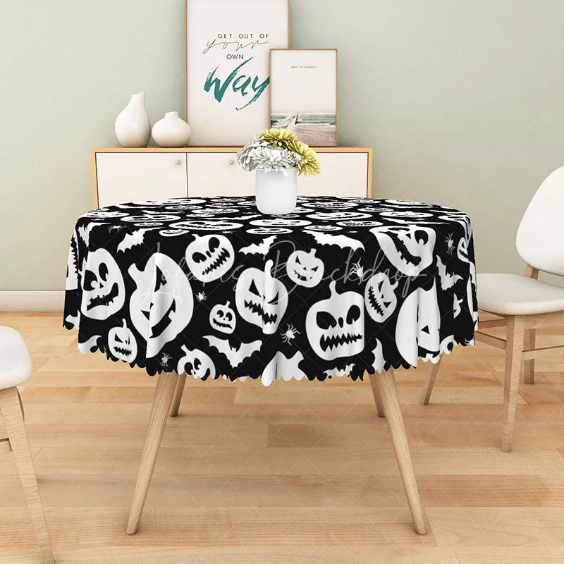 Lofaris Black Halloween Round Tablecloth with Jack-o’-Lanterns Bats and Spiders for Gothic Spooky Decor