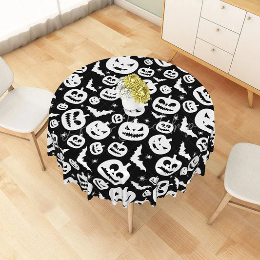 Lofaris Black Halloween Round Tablecloth with Jack-o’-Lanterns Bats and Spiders for Gothic Spooky Decor