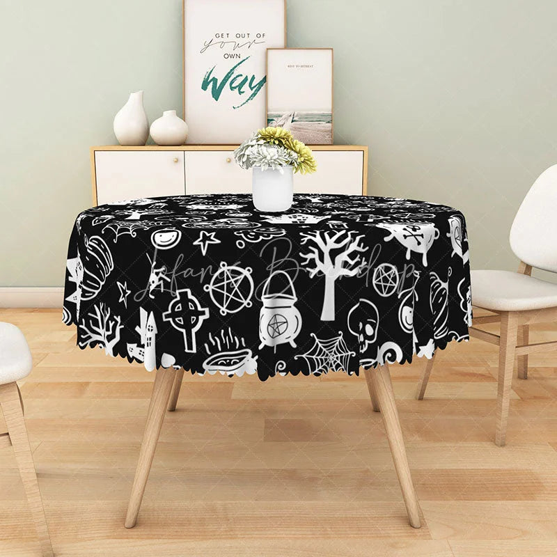 Lofaris Black Halloween Round Tablecloth with Jack-o’-Lanterns Skeletons and Spiders for Spooky Decor