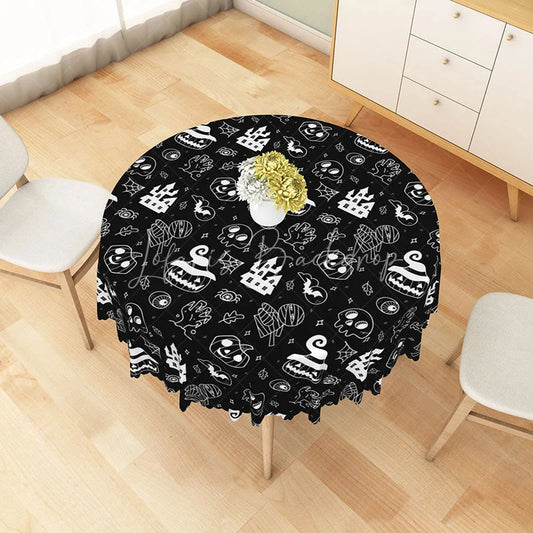 Lofaris Black Halloween Round Tablecloth with Jack-o’-Lanterns Skulls and Haunted Castle for Spooky Decor