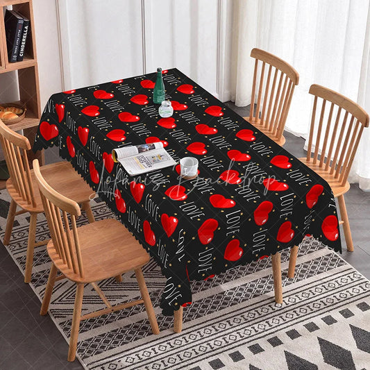 Lofaris Black Love Text Rectangle Tablecloth Red Heart and Gold Star Pattern Modern Valentine Dining Room Decor
