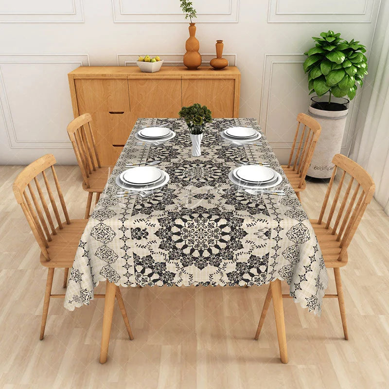 Black Mandala Rectangle Tablecloth, Beige Linen Texture Table Cover ...