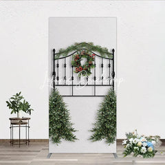 Lofaris Black Metal Christmas Wreath Garland Rectangle Arch Backdrop Holiday Party Decor with Pine Trees